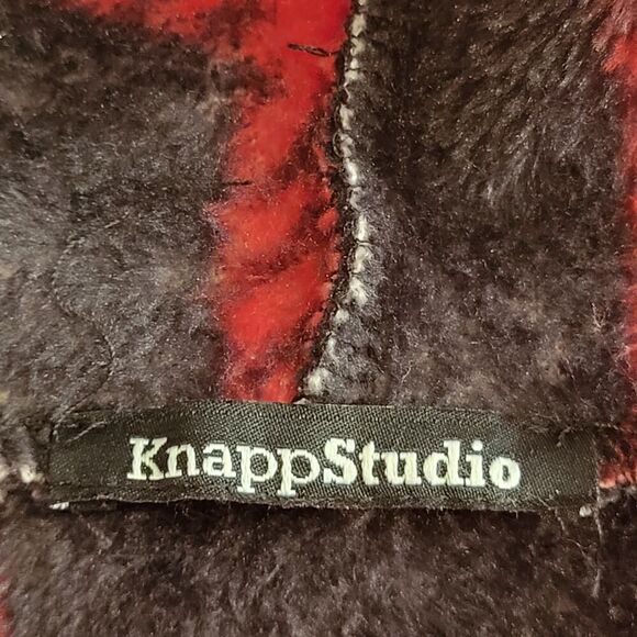 Knapp Studio Medium (est). Hooded Open Front Jacket Red Black Plaid Soft Cozy - Picture 7 of 8